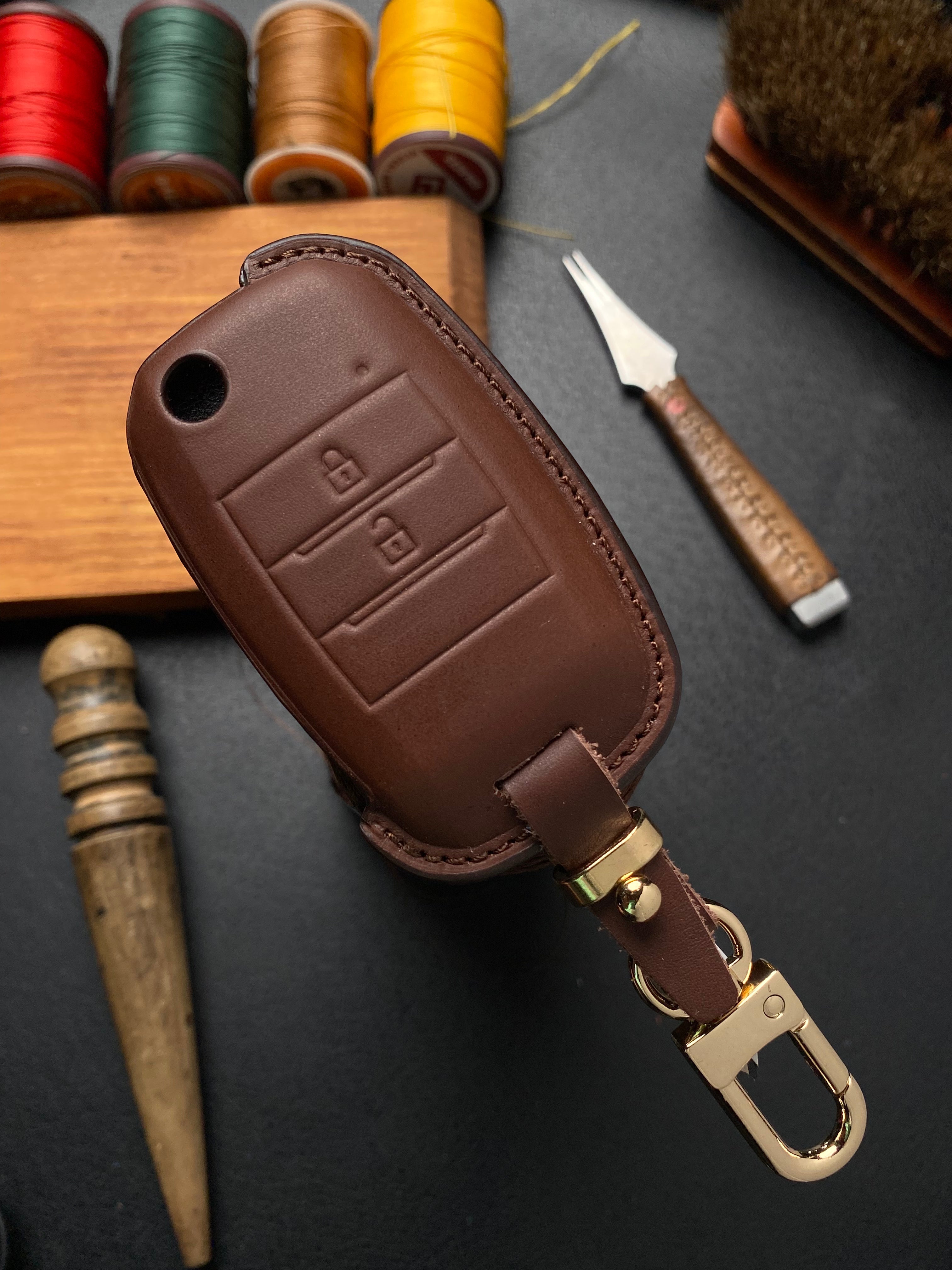 Leather Key Case for KIA Morning, Soluto, Cerato, K3 (2013-2020) 2-Button Folding Key