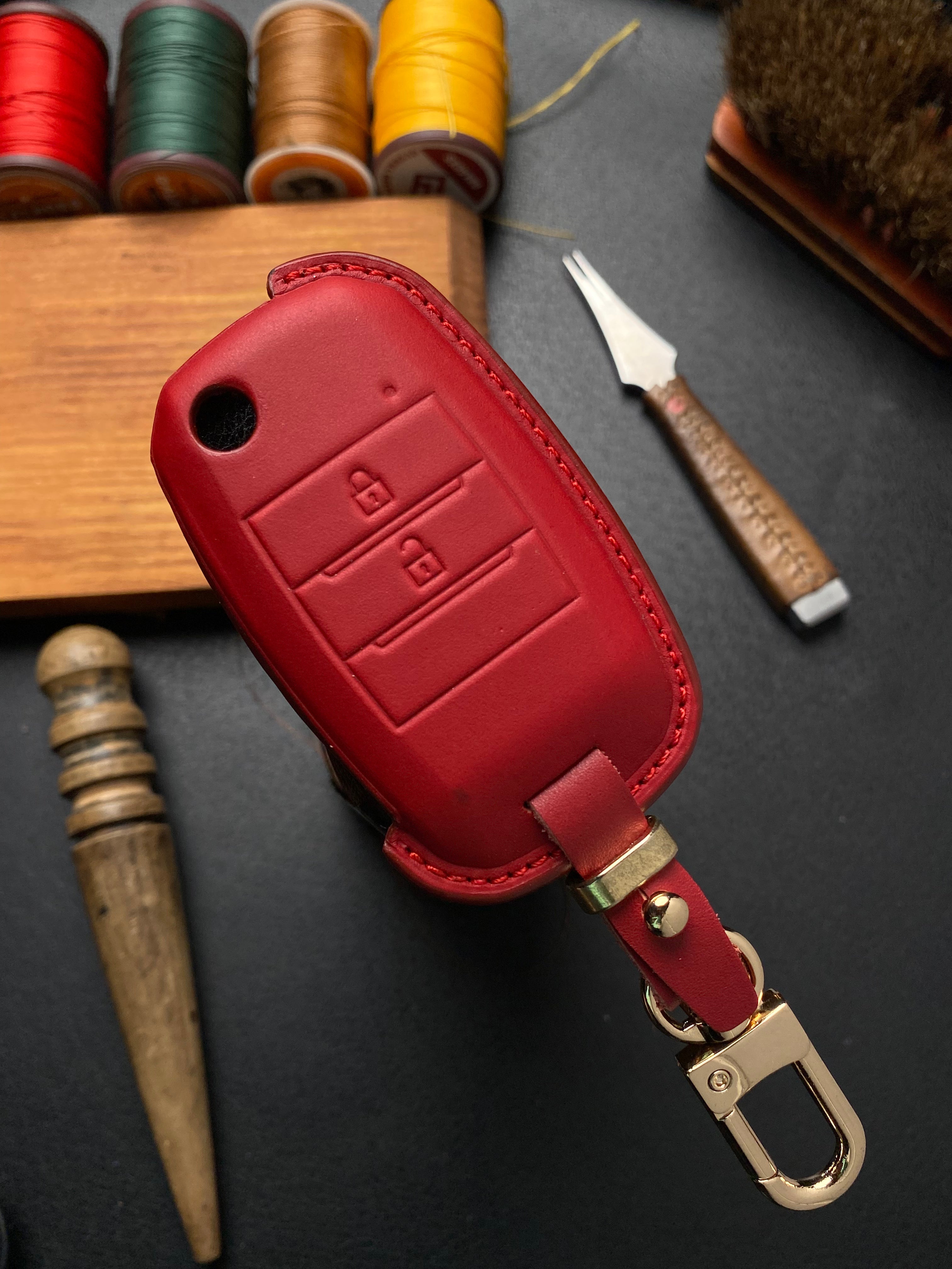 Leather Key Case for KIA Morning, Soluto, Cerato, K3 (2013-2020) 2-Button Folding Key