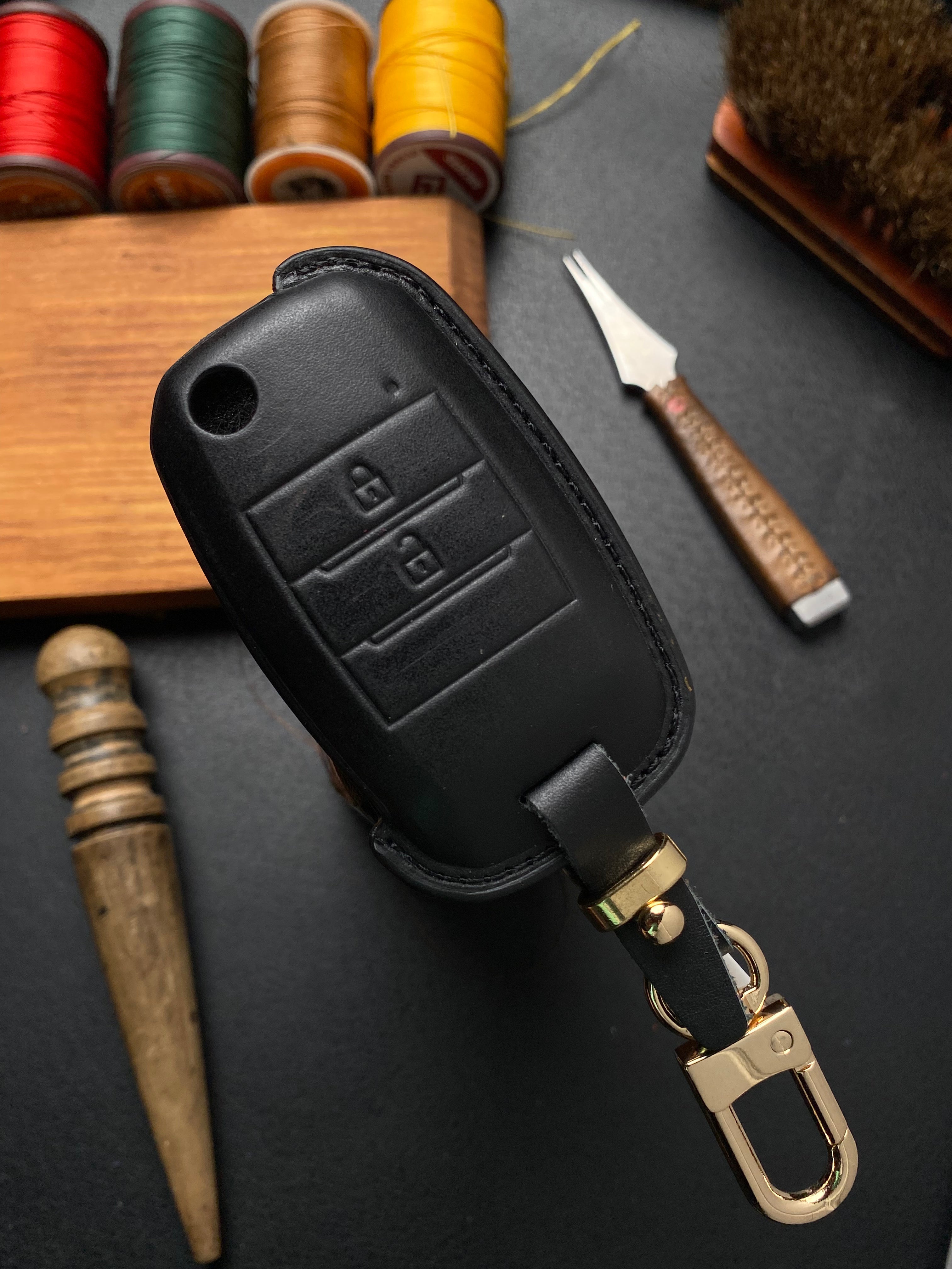 Leather Key Case for KIA Morning, Soluto, Cerato, K3 (2013-2020) 2-Button Folding Key