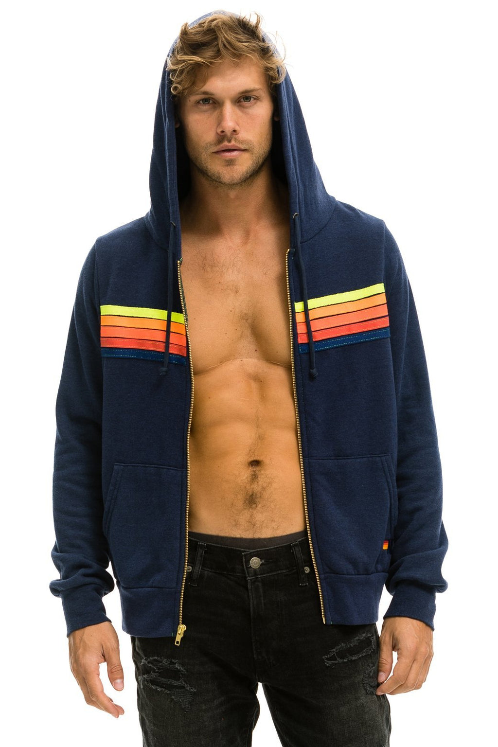 5 STRIPE HOODIE - NAVY // NEON RAINBOW BLUE STRIPES