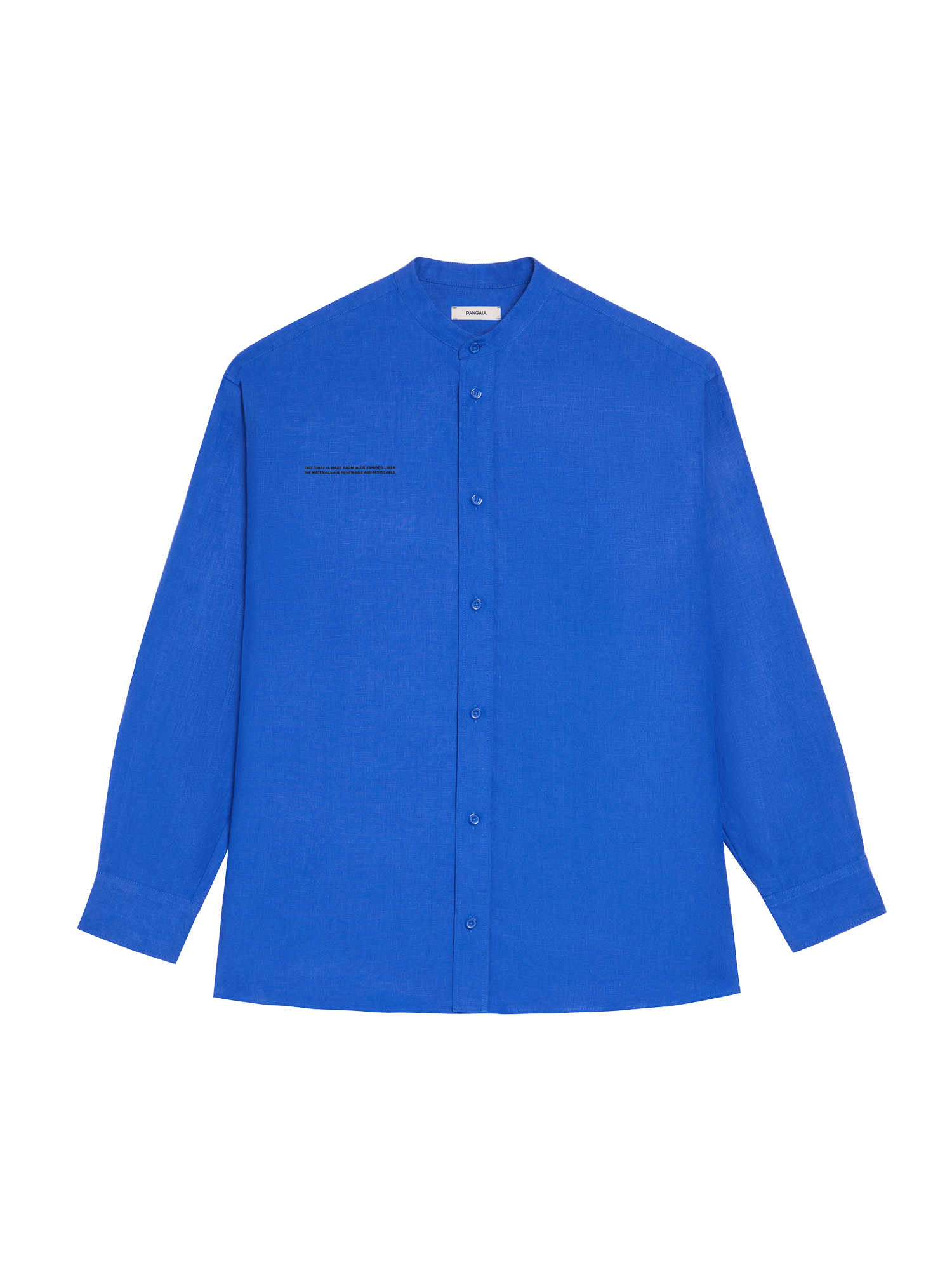 Aloe Linen Mandarin Collar Long Sleeve Shirt—cobalt blue