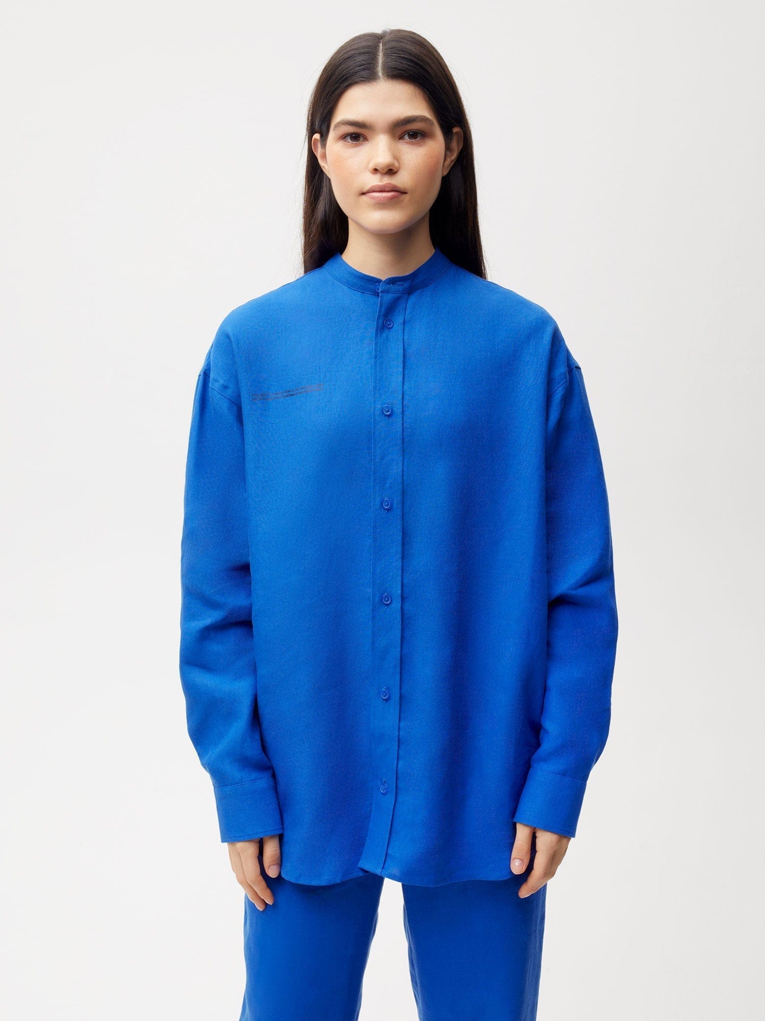Aloe Linen Mandarin Collar Long Sleeve Shirt—cobalt blue