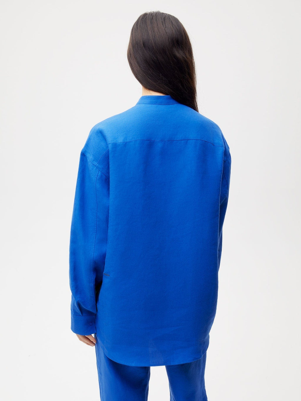 Aloe Linen Mandarin Collar Long Sleeve Shirt—cobalt blue