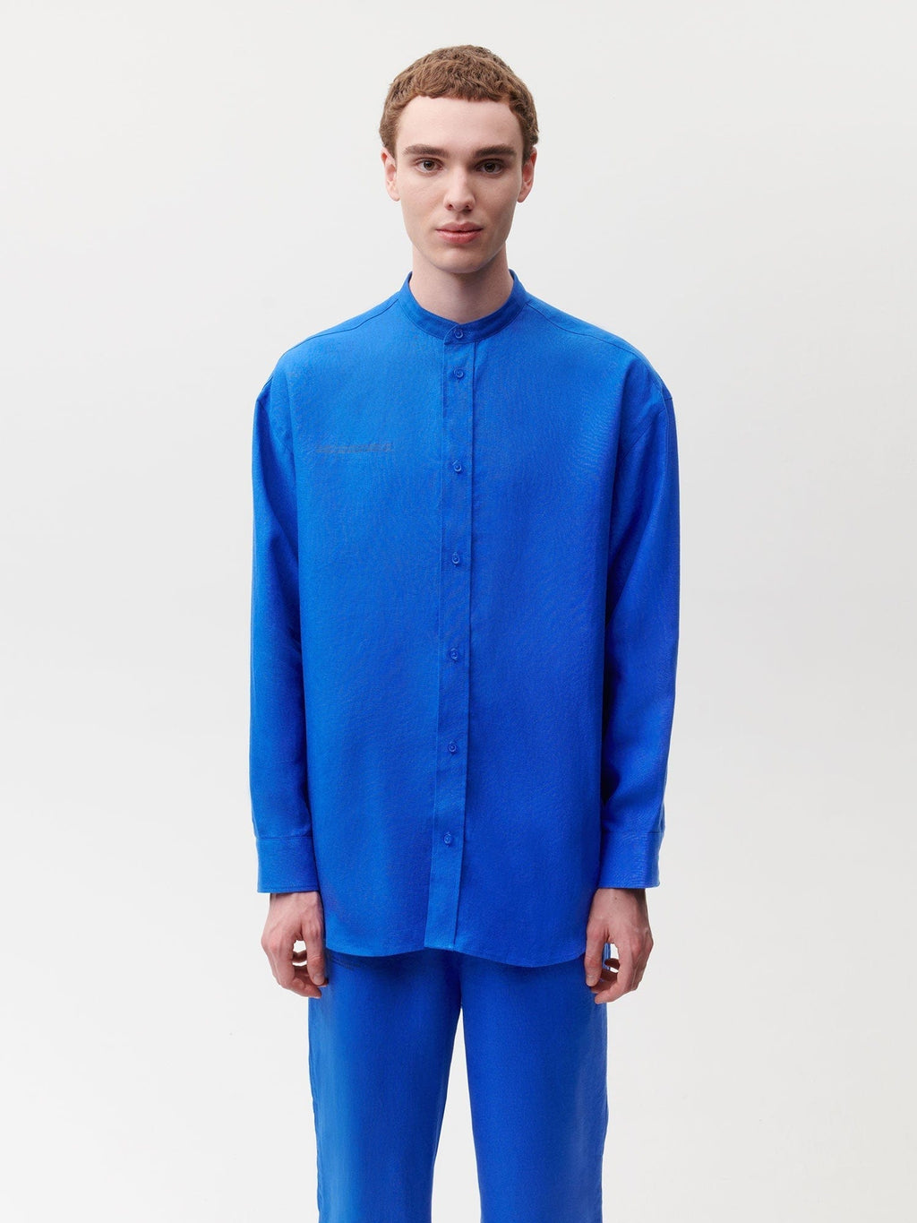 Aloe Linen Mandarin Collar Long Sleeve Shirt—cobalt blue