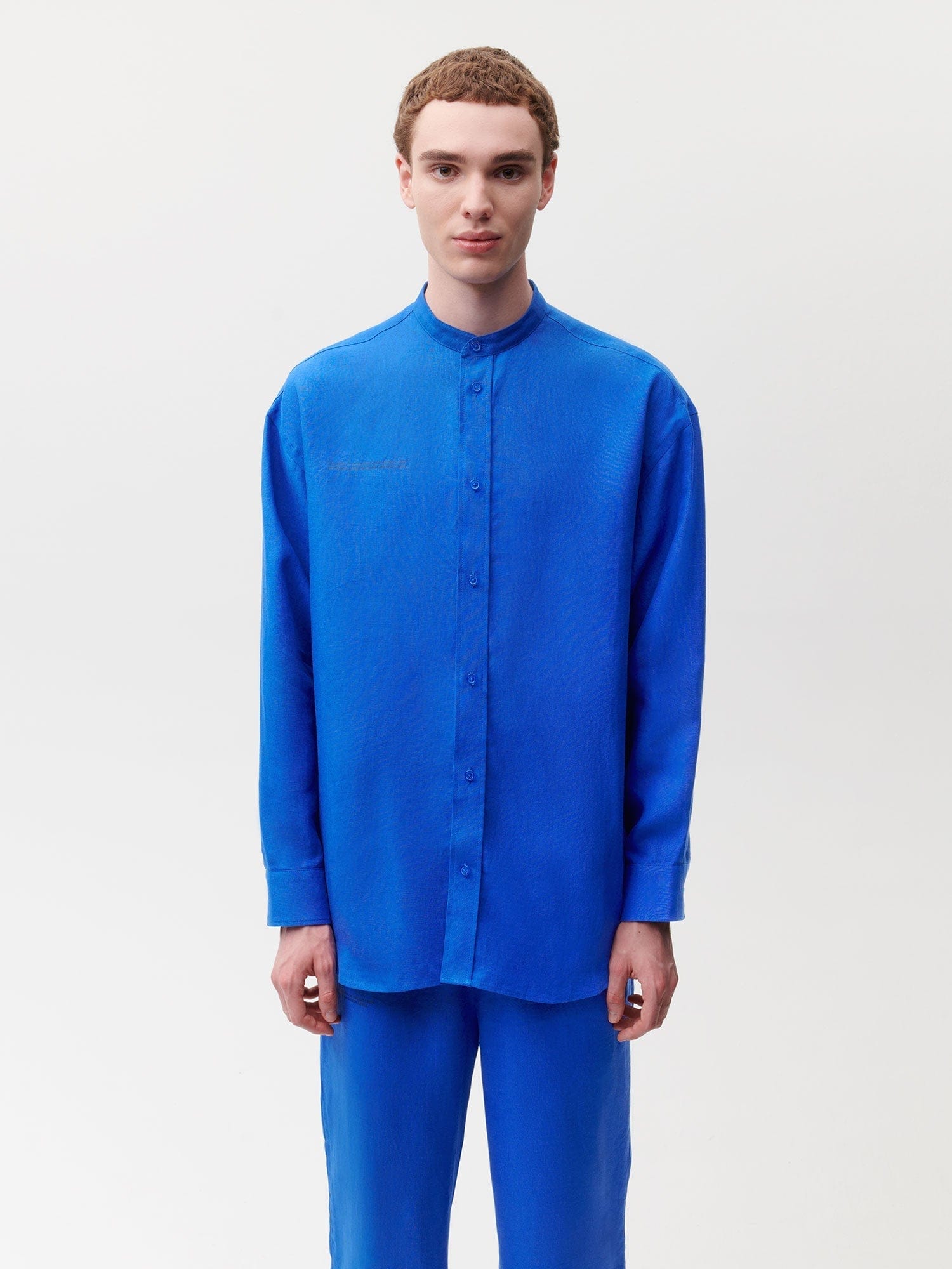 Aloe Linen Mandarin Collar Long Sleeve Shirt—cobalt blue