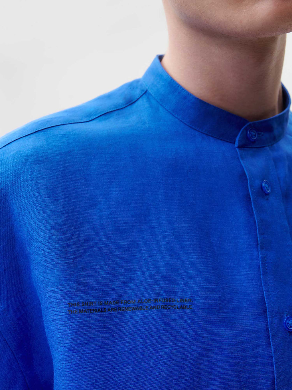 Aloe Linen Mandarin Collar Long Sleeve Shirt—cobalt blue