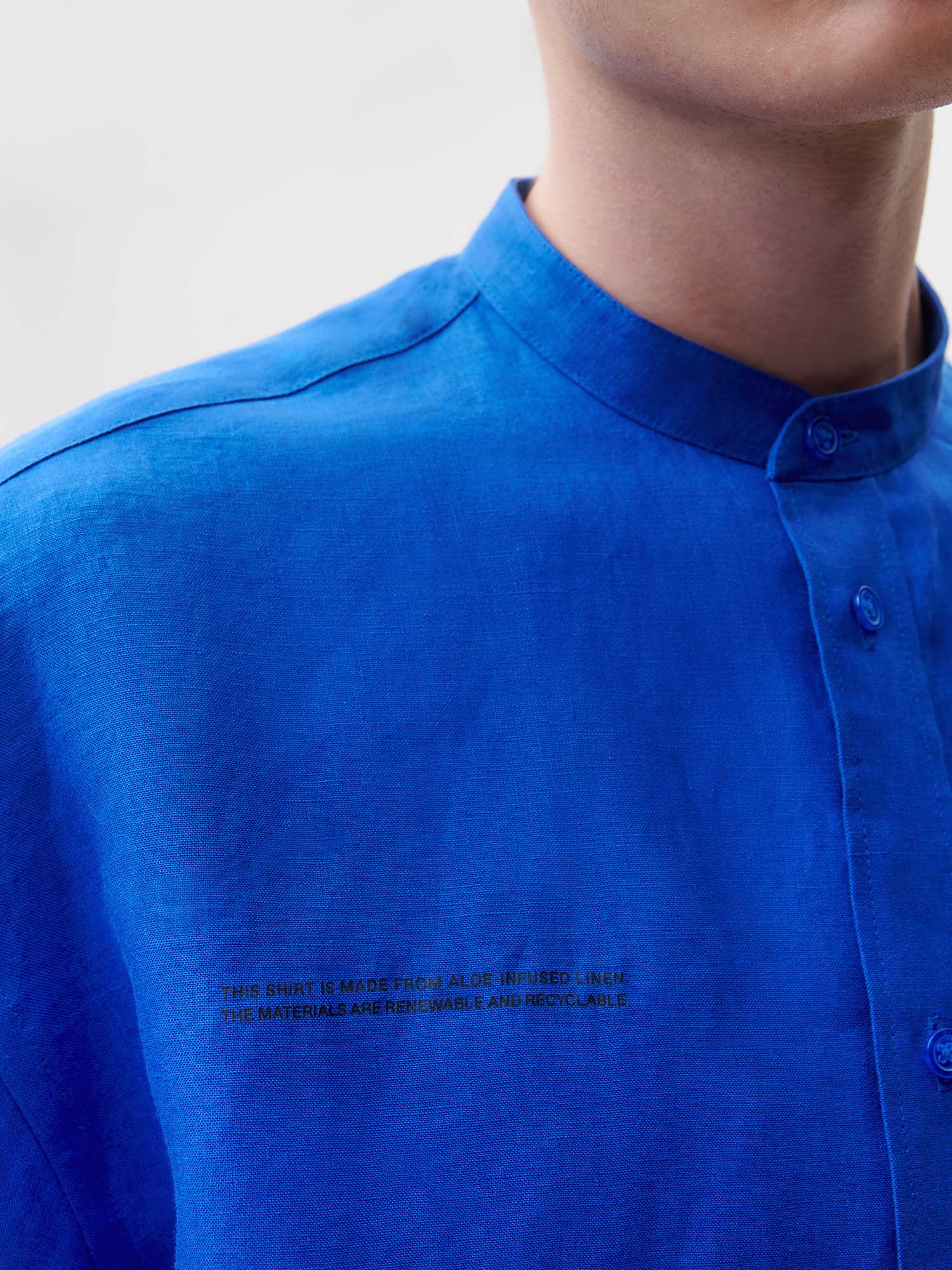 Aloe Linen Mandarin Collar Long Sleeve Shirt—cobalt blue