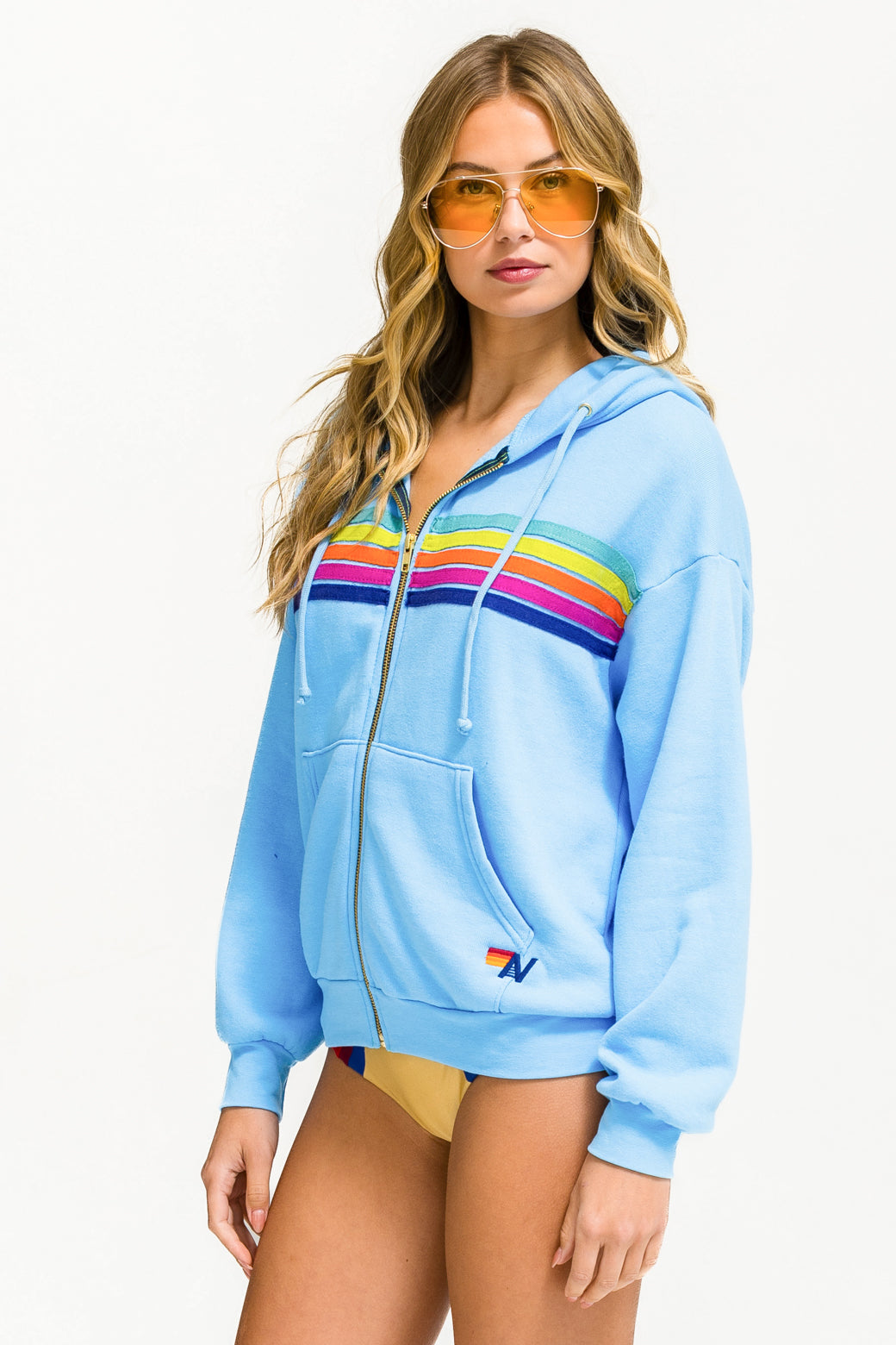 5 STRIPE RELAXED ZIP HOODIE - SKY // RAINBOW