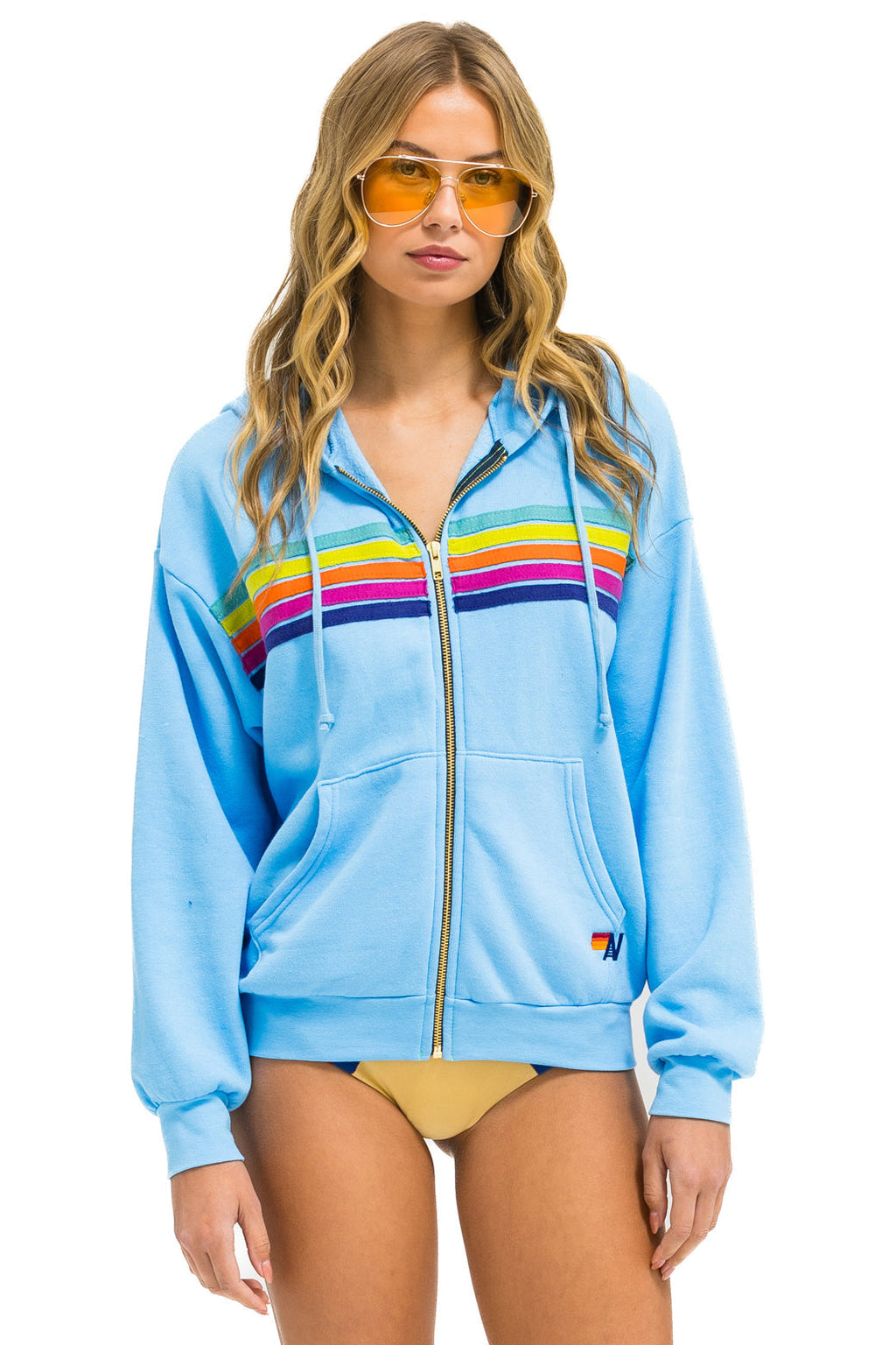 5 STRIPE RELAXED ZIP HOODIE - SKY // RAINBOW