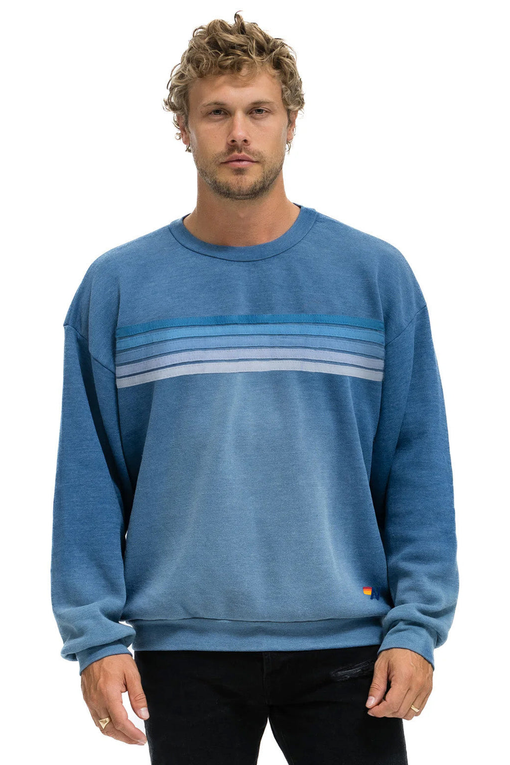 5 STRIPE RELAXED CREW SWEATSHIRT - FADED WATER
