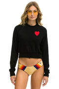 HEART EMBROIDERY CROPPED CREW SWEATSHIRT - BLACK