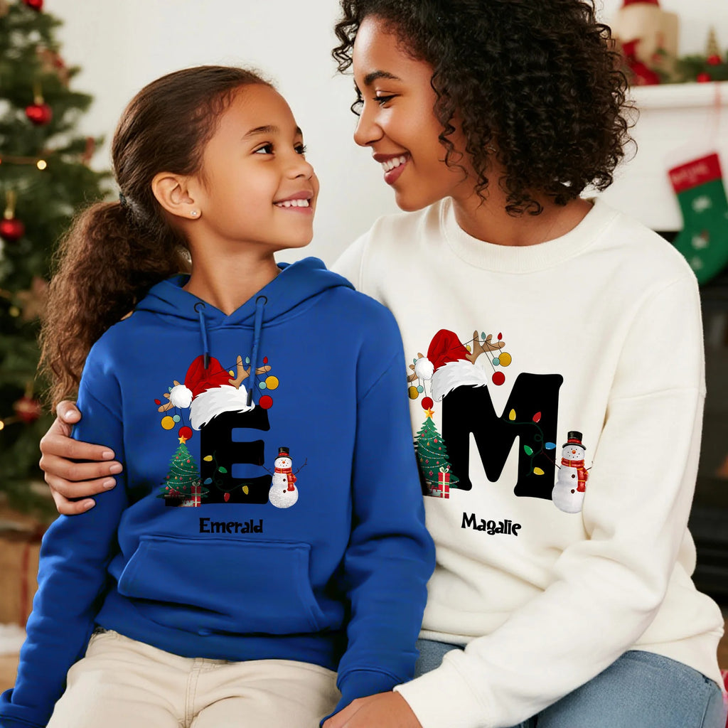 Personalised Christmas Trees Snowmen Multicolor Sweatshirt Hoodie with Initial and Name Christmas Gift for Family Friends