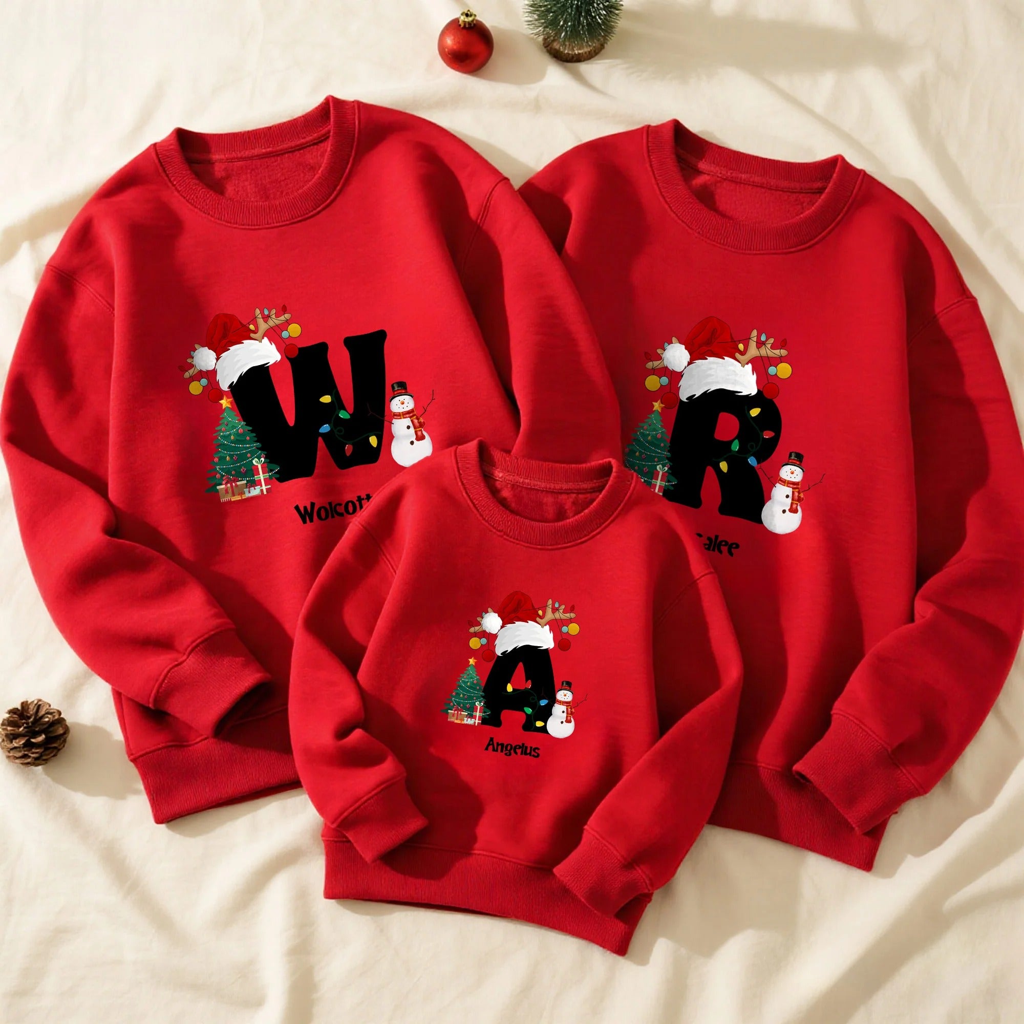 Personalised Christmas Trees Snowmen Multicolor Sweatshirt Hoodie with Initial and Name Christmas Gift for Family Friends