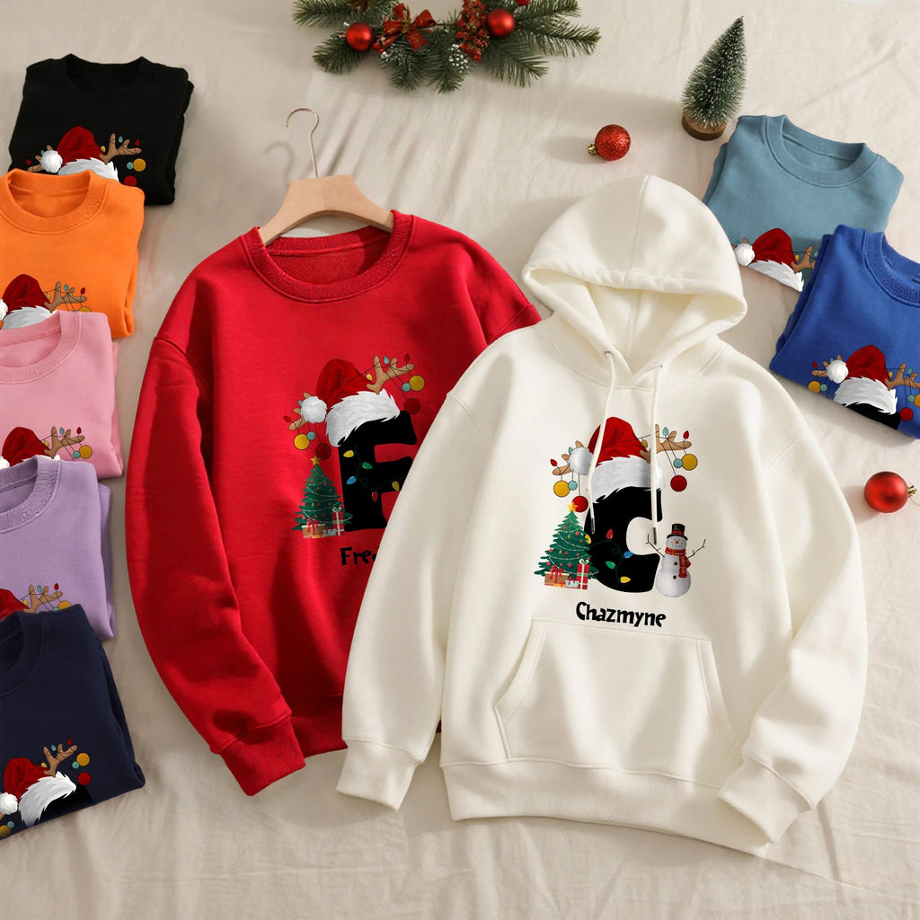 Personalised Christmas Trees Snowmen Multicolor Sweatshirt Hoodie with Initial and Name Christmas Gift for Family Friends
