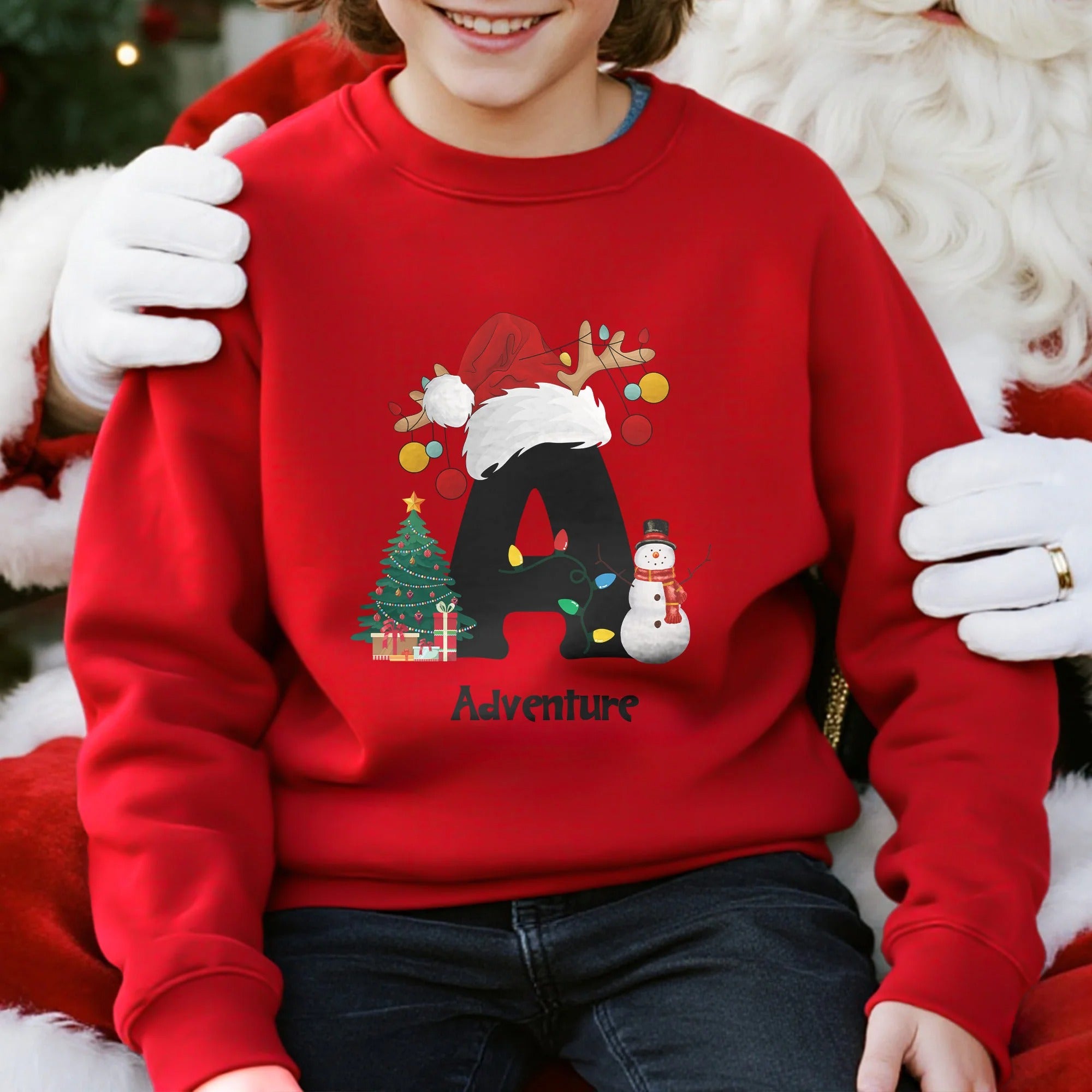 Personalised Christmas Trees Snowmen Multicolor Sweatshirt Hoodie with Initial and Name Christmas Gift for Family Friends