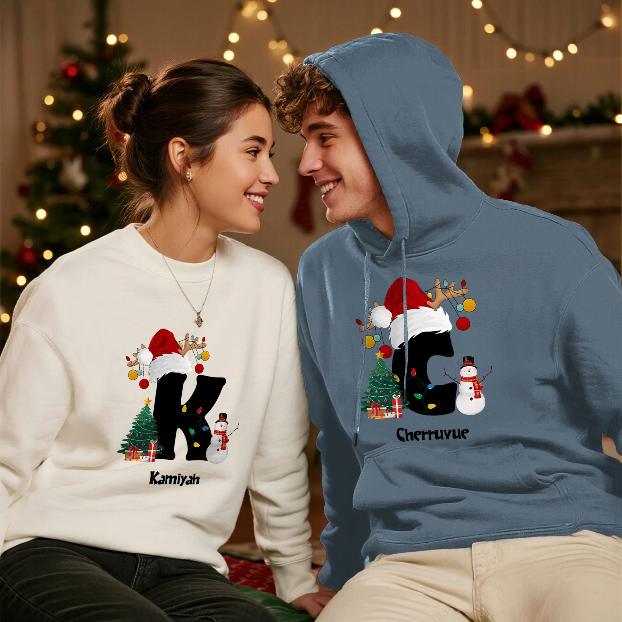 Personalised Christmas Trees Snowmen Multicolor Sweatshirt Hoodie with Initial and Name Christmas Gift for Family Friends